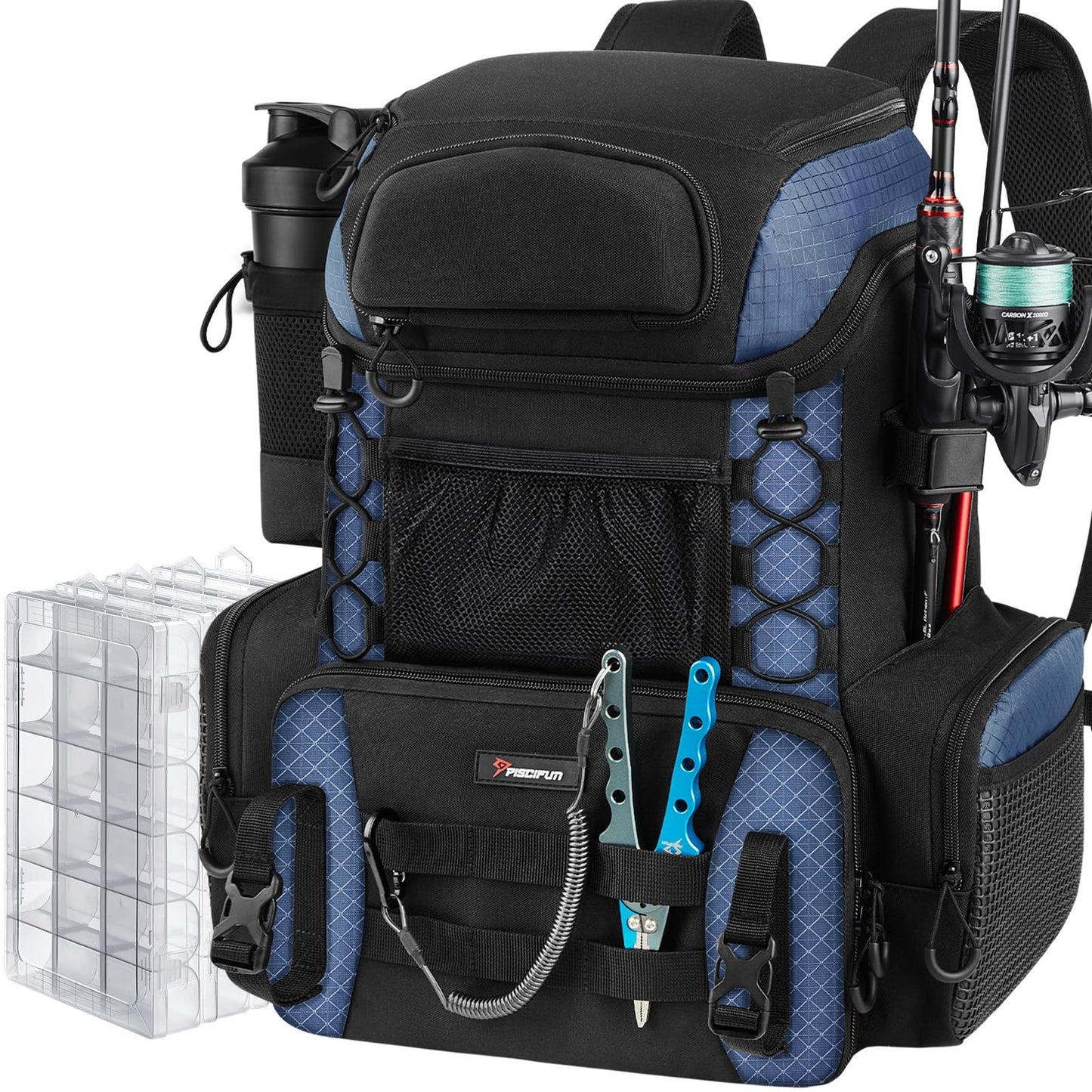 Piscifun Fishing Tackle Backpack with Rod Holders & 4 Tackle Boxes, 42L Outdoor Fishing Bag with Waterproof Rain Cover