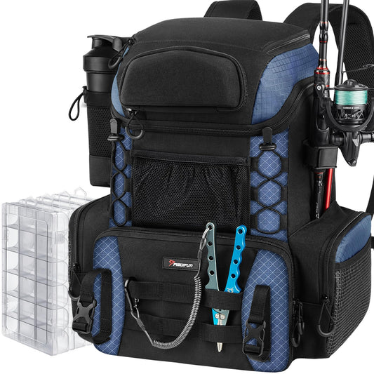 Piscifun Fishing Tackle Backpack with Rod Holders & 4 Tackle Boxes, 42L Outdoor Fishing Bag with Waterproof Rain Cover