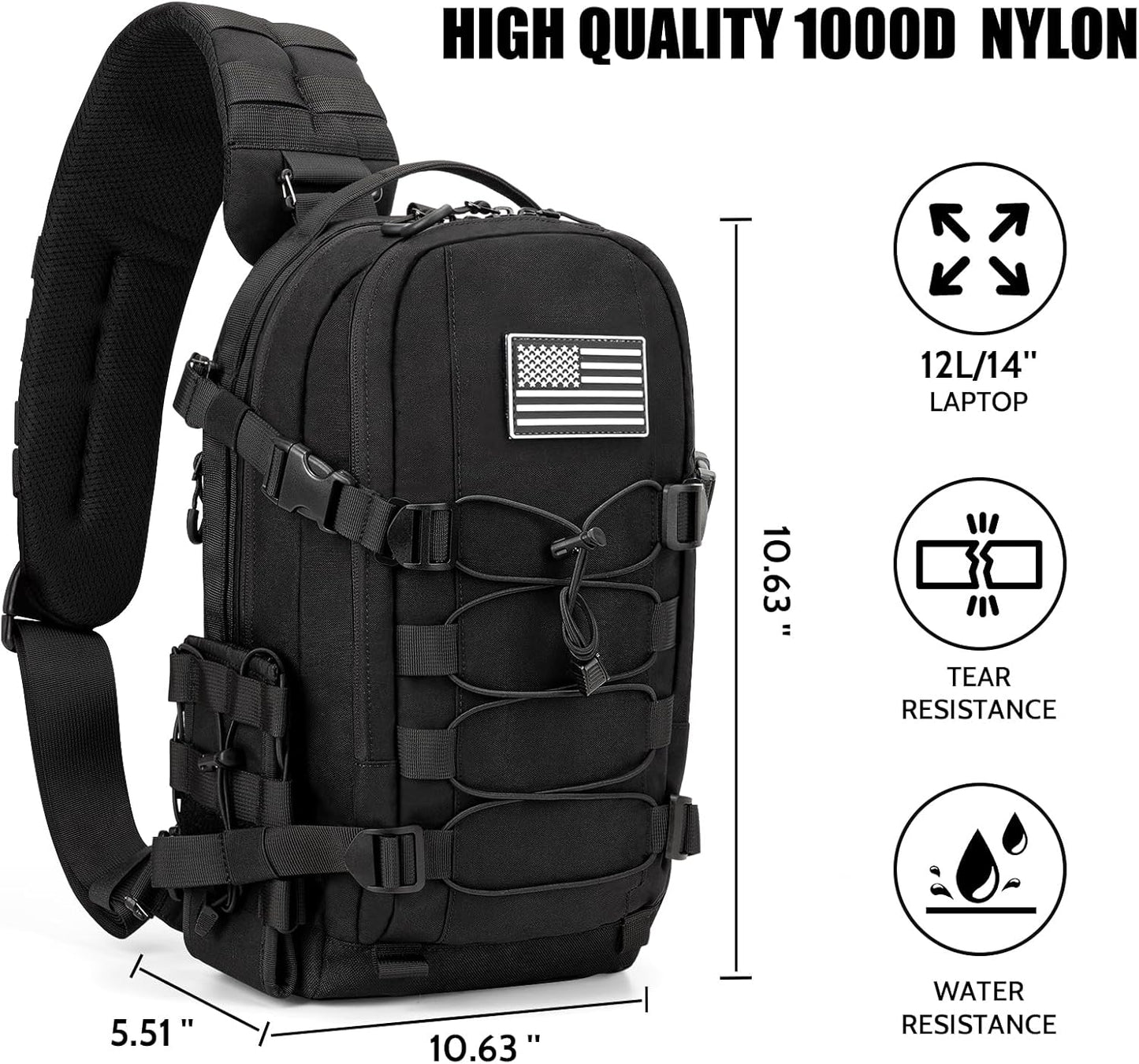 Jueachy Tactical Sling Bag for Men: Everyday Carry Gear 12L EDC CCW Concealed Carry Sling Bag 2-in-1 Shoulder Bag Backpack