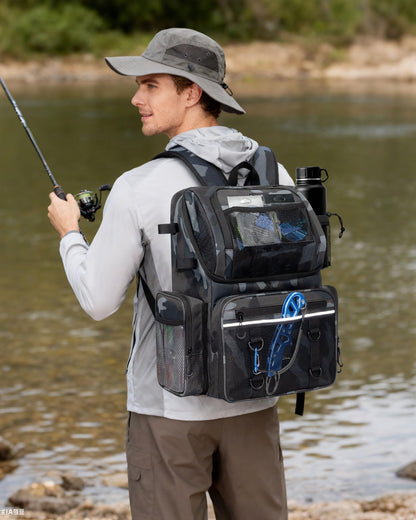 BAVGRED Fishing Backpack, Large Water Resistant Tackle Bag Storage Fishing Gear and Equipment, Built-in Cooler Compartment Grey