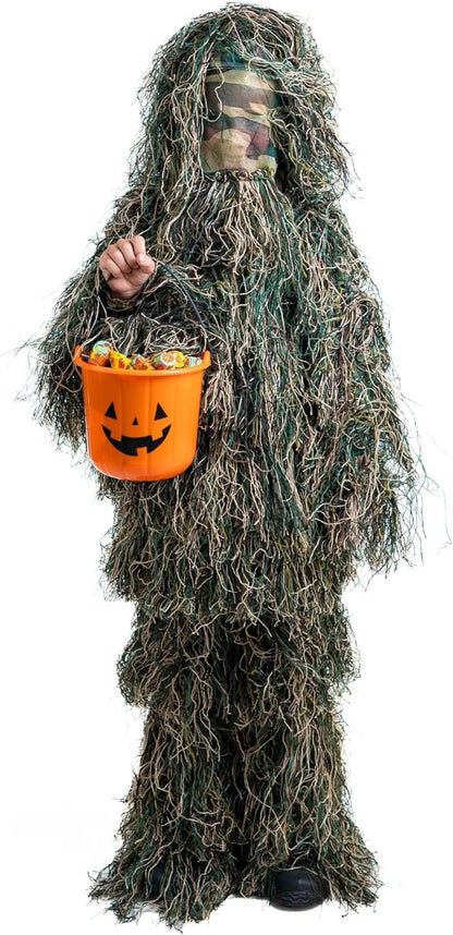 Arcturus Ultra-Lite Kids Ghillie Suit | Includes 3-Color Camo Face Paint| Halloween Costume - Army | Sniper | Bush Costume | Hunting & Airsoft for Children
