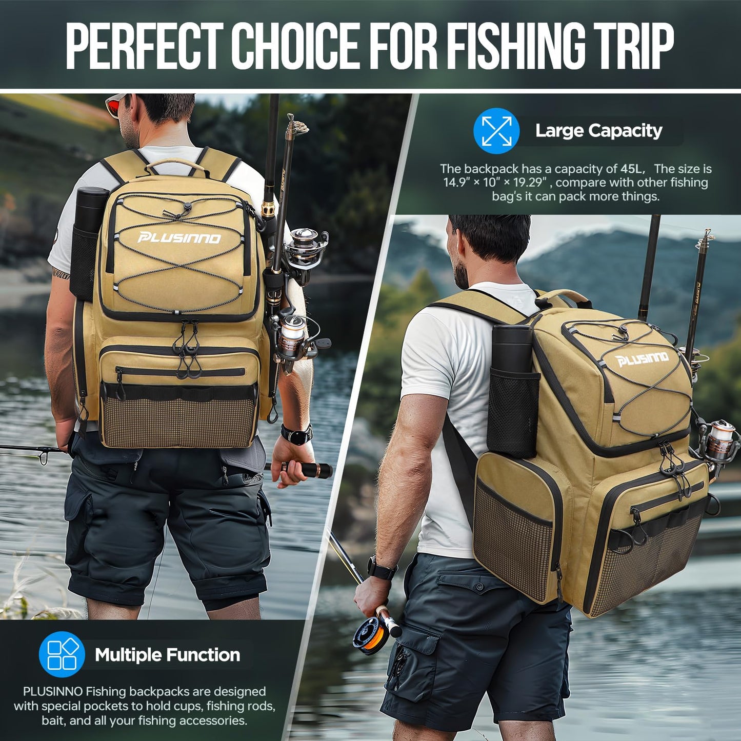 PLUSINNO Cooler Fishing Backpack with Rod Holders 45L Large Water-resistant Fishing Tackle bag Store Fishing Gear Fishing Gifts for Men Father, Sport Bags