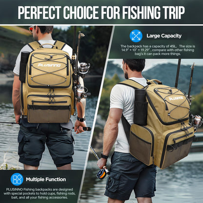 PLUSINNO Cooler Fishing Backpack with Rod Holders 45L Large Water-resistant Fishing Tackle bag Store Fishing Gear Fishing Gifts for Men Father, Sport Bags