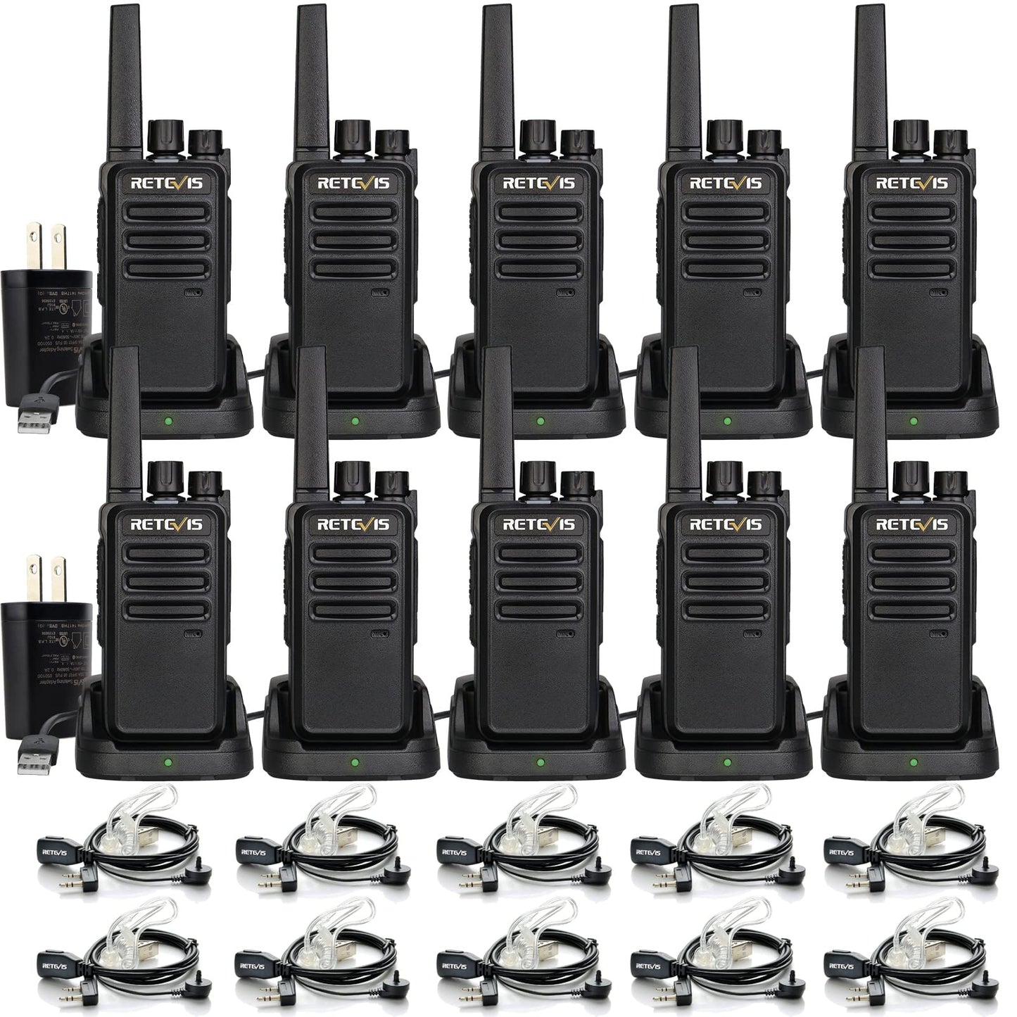 Retevis RT68 Two-Way Radios Long Range, Walkie Talkies for Adults, 2 Way Radio with Earpiece, Walkie Talkie Rechargeable with Charging Base, for Manufacturing Restaurant Business School(10 Pack)