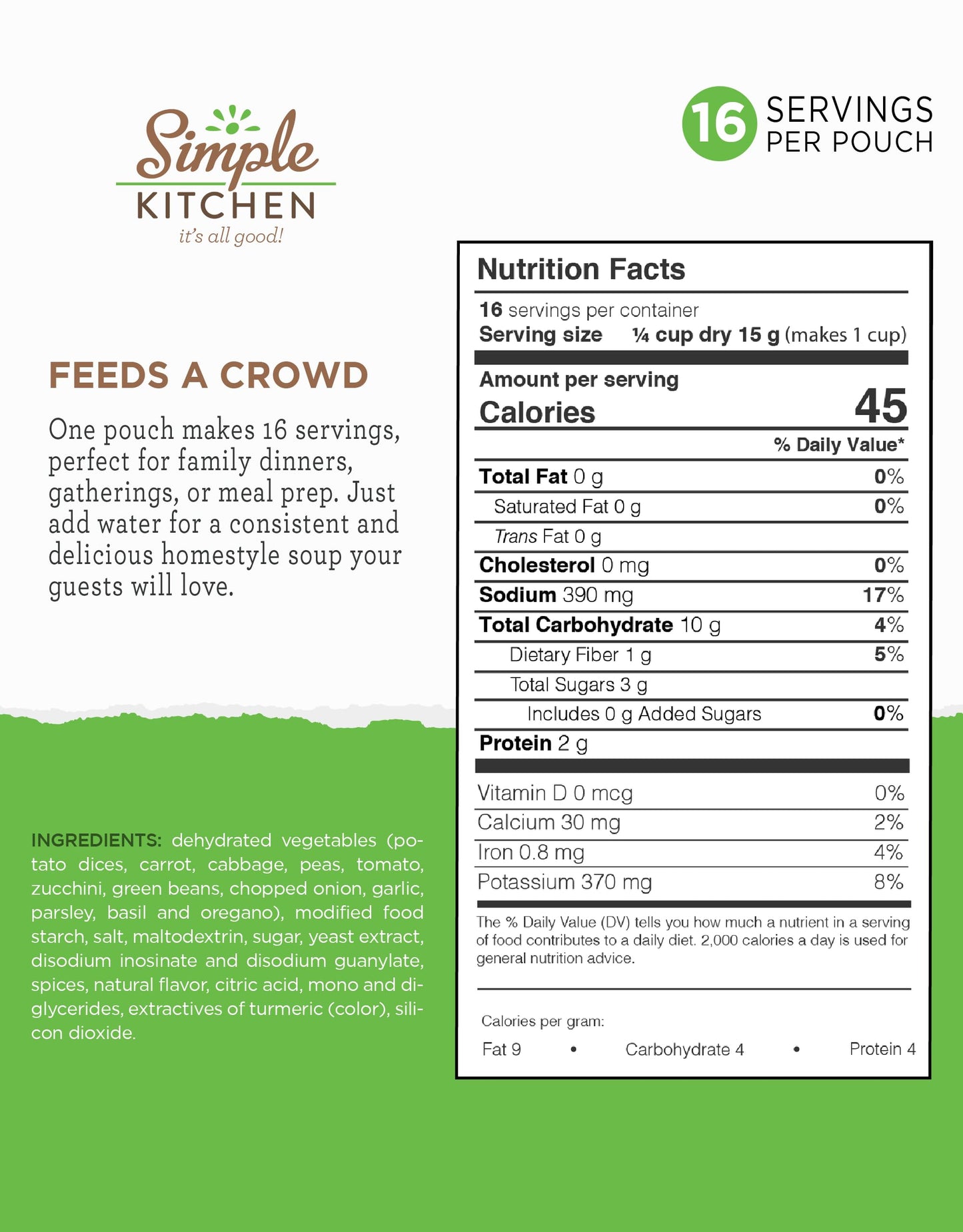 Simple Kitchen Garden Vegetable Soup Mix - 17 Servings for Meal Prep, Gluten Free, Vegetarian, Dehydrated & Freeze Dried Survival Food for Camping Meals, Backpacking & Hiking, Survival Kit, Pack of 4