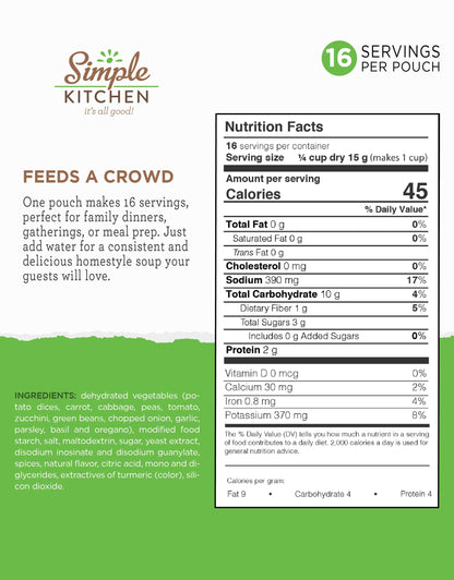 Simple Kitchen Garden Vegetable Soup Mix - 17 Servings for Meal Prep, Gluten Free, Vegetarian, Dehydrated & Freeze Dried Survival Food for Camping Meals, Backpacking & Hiking, Survival Kit, Pack of 4