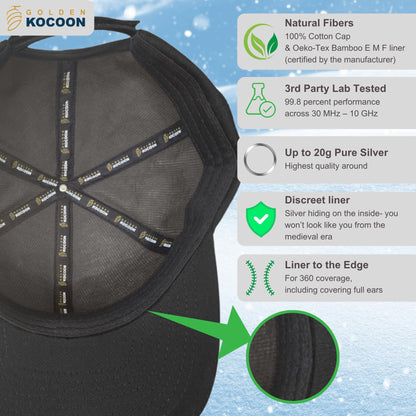 Golden Kocoon®- E.M.F Cap Hat- Bamboo Faraday Fabric Liner- 5.g, Cell Towers, Bluetooth, Smart Meters & WiFi