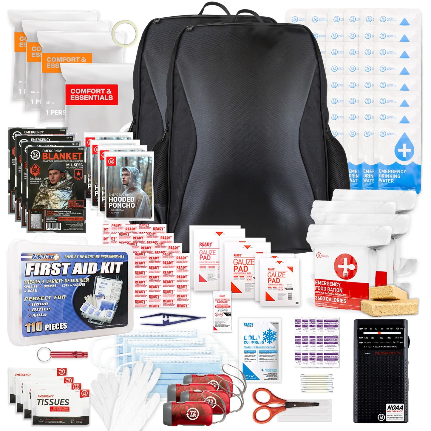 Earthquake Kit - 72 HRS Essential Emergency Survival Kit, Heavy Duty 72 Hour Bug Out Bag Survival Kit for Earthquake, Hurricane, Tsunami - Include Emergency First Aid Kit, Water, Food (Black 2P)