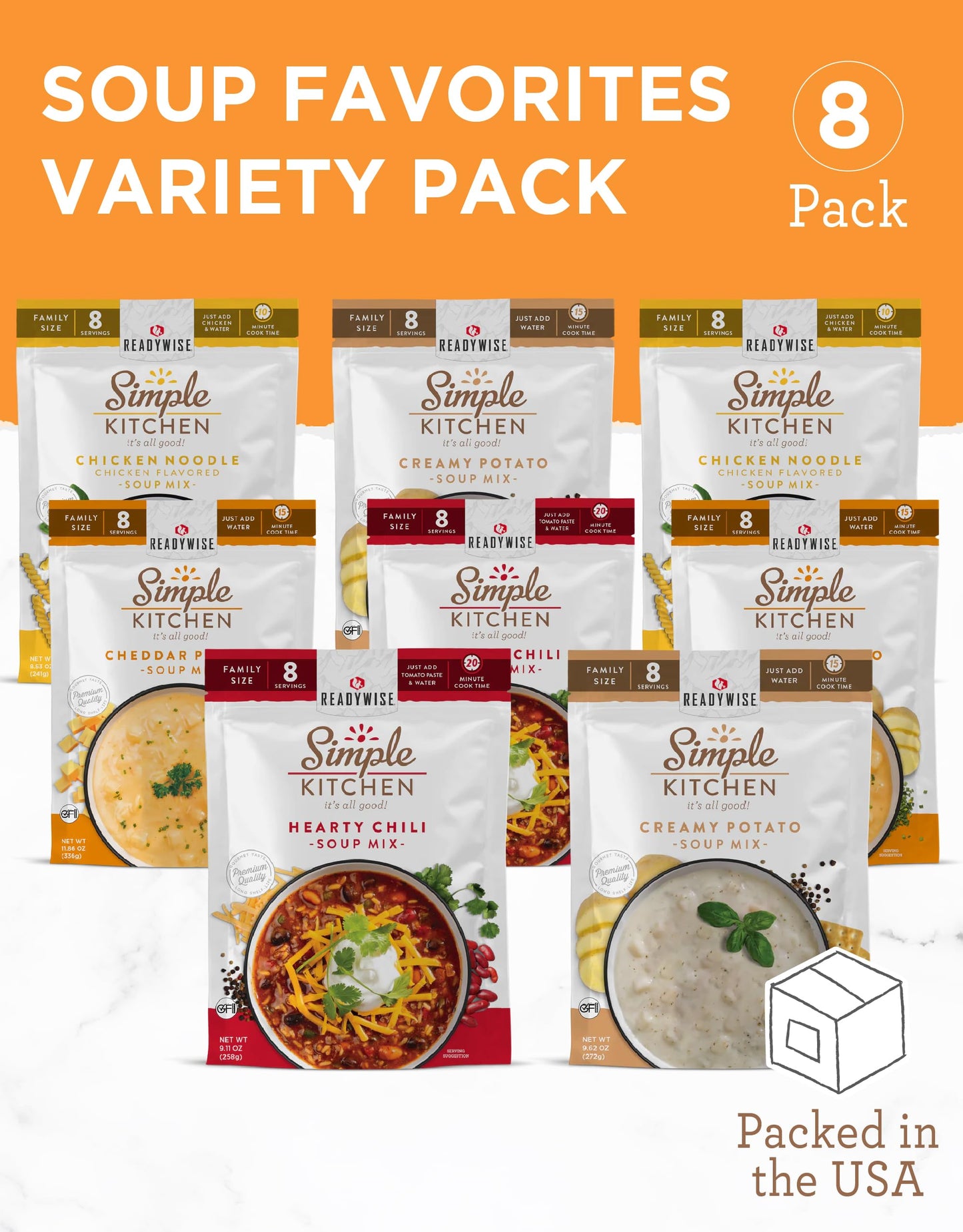 READYWISE - Simple Kitchen, Soup Sampler, Variety Pack, 8 Servings Per Pouch, Soup Mix, Family Size, Gluten Free Options, Freeze Dried Food, Soup for Family, Pack of 8