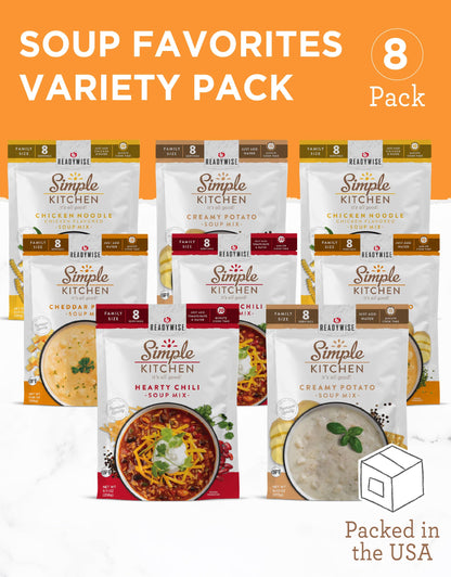 READYWISE - Simple Kitchen, Soup Sampler, Variety Pack, 8 Servings Per Pouch, Soup Mix, Family Size, Gluten Free Options, Freeze Dried Food, Soup for Family, Pack of 8