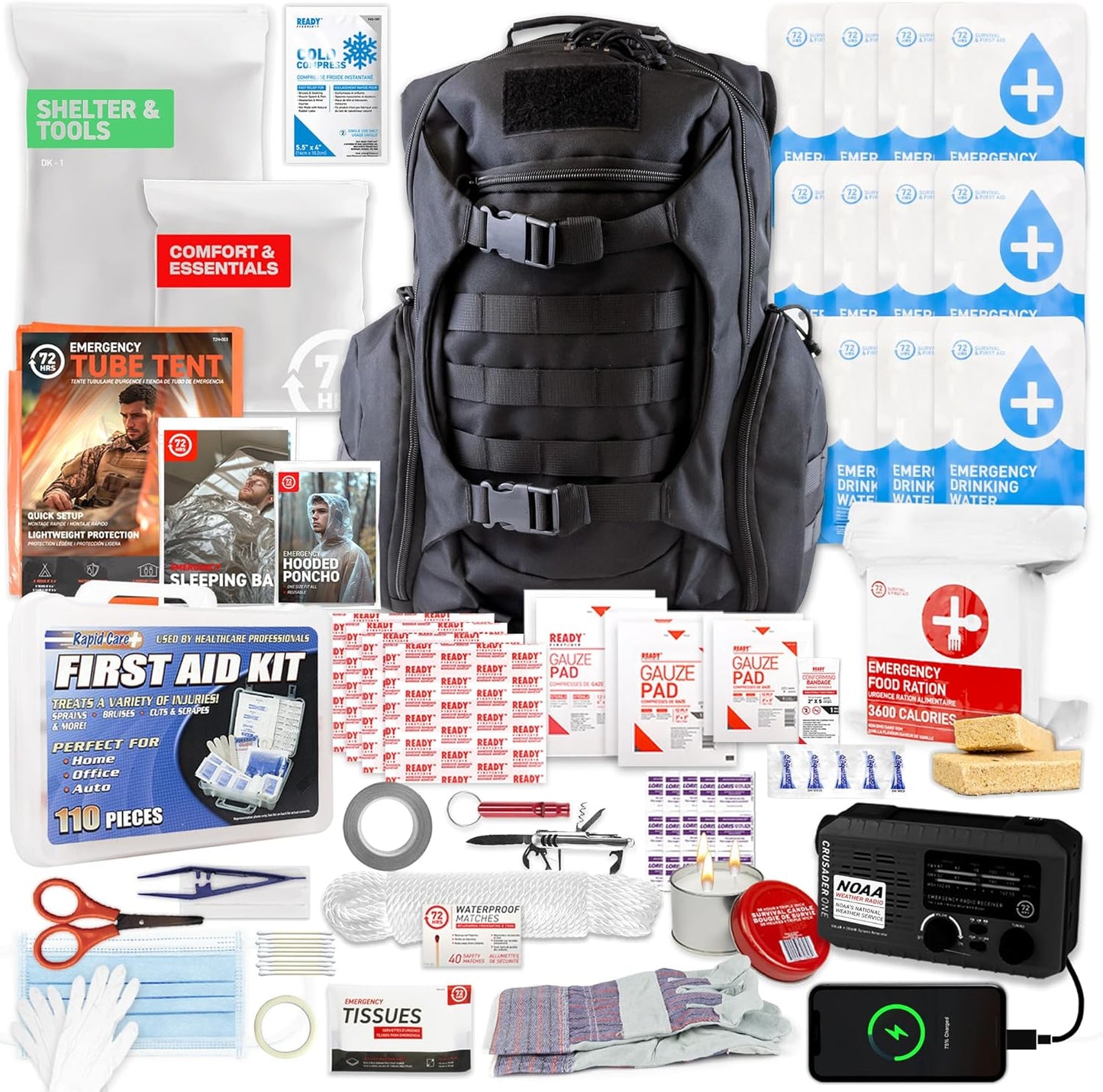 72 HRS Deluxe Emergency Survival Kit - Heavy Duty 72 Hour Bag Survival Kit for Earthquake, Hurricane, Tsunami, Winter, Blackout - Includes Emergency First Aid Kit, Water, Food