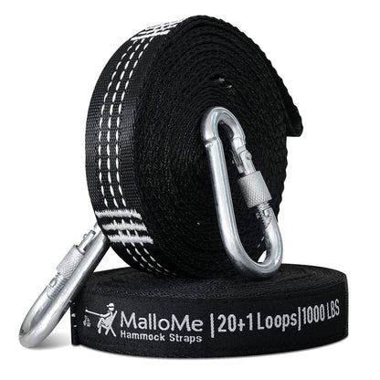 MalloMe XL Hammock Straps for Trees - Hammock Tree Straps Set 2000+ LBS Heavy Duty 40 Loops & 100% No Stretch Suspension System Kit - Camping Hammocks Accessories | 2 Carabiners | 12 Feet Black