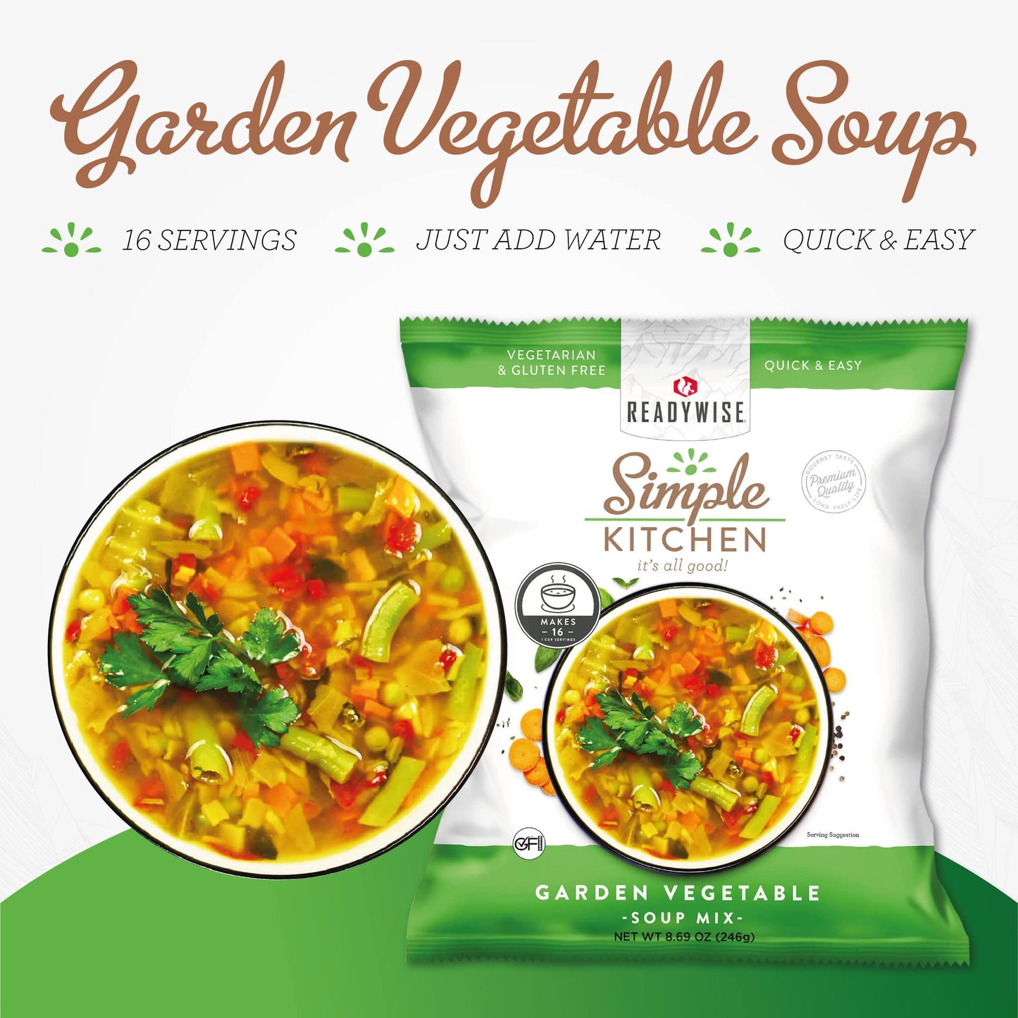 READYWISE - Simple Kitchen, Tomato Basil Soup, 17 Servings, MRE, Gluten Free, & Vegetarian, Food, Soup Mix, for Events, Hiking, Emergency Food Supply, Camping Essentials, or Daily Use, 1 Pack