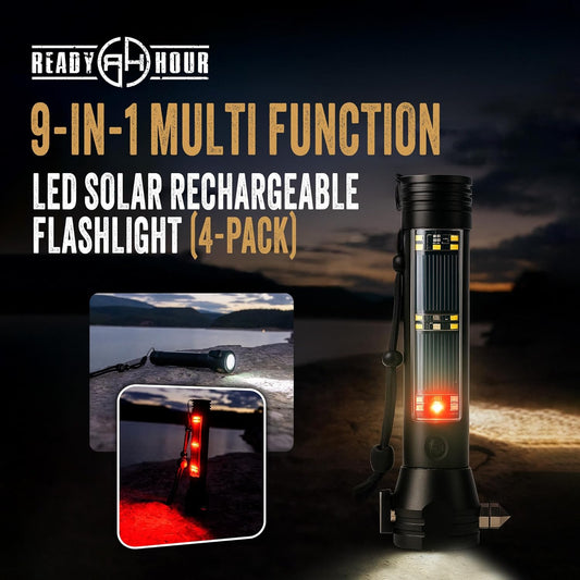 Ready Hour 9-in-1 Multi Function LED Solar Rechargeable Flashlight (4 Pack) | Emergency Car Safety Tool with Power Bank, Window Breaker, Seatbelt Cutter, Compass, Car Accessories, Gift for New Drivers