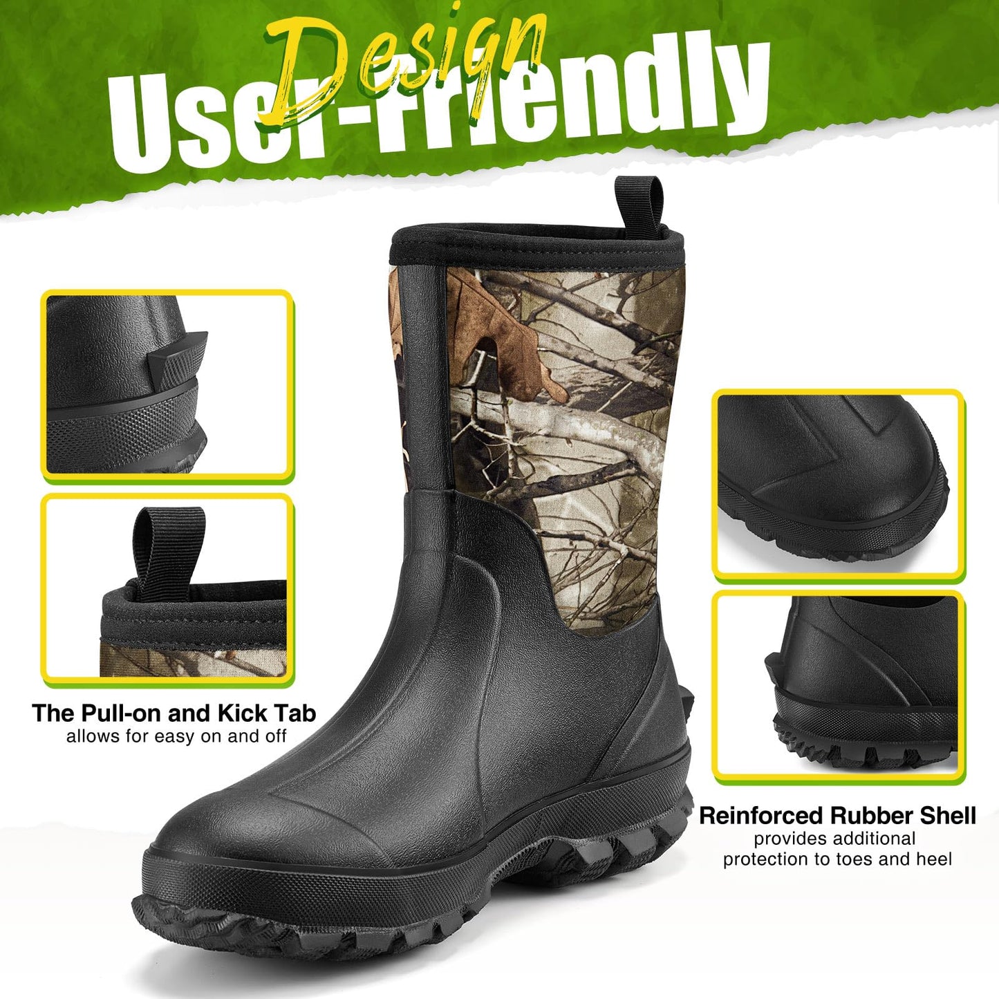 TIDEWE Rubber Boots for Men, 5.5mm Neoprene Insulated Rain Boots with Steel Shank, Waterproof Mid Calf Hunting Boots, Sturdy Rubber Work Boots for Farming Gardening Fishing