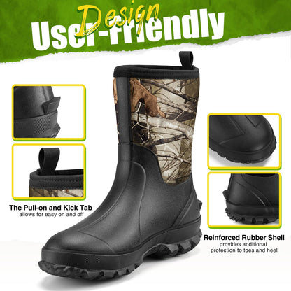 TIDEWE Rubber Boots for Men, 5.5mm Neoprene Insulated Rain Boots with Steel Shank, Waterproof Mid Calf Hunting Boots, Sturdy Rubber Work Boots for Farming Gardening Fishing