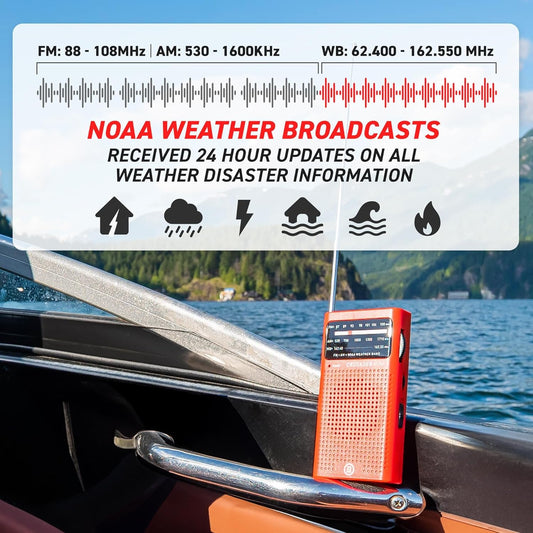 72 HRS (Upgraded) 72HRS CRUSADER MINI NOAA/AM/FM Emergency Weather Radio, Powered by 2AA Battery(Not Included), Premium Designer Radio with Finest Tuning Knob and Speaker (Red)