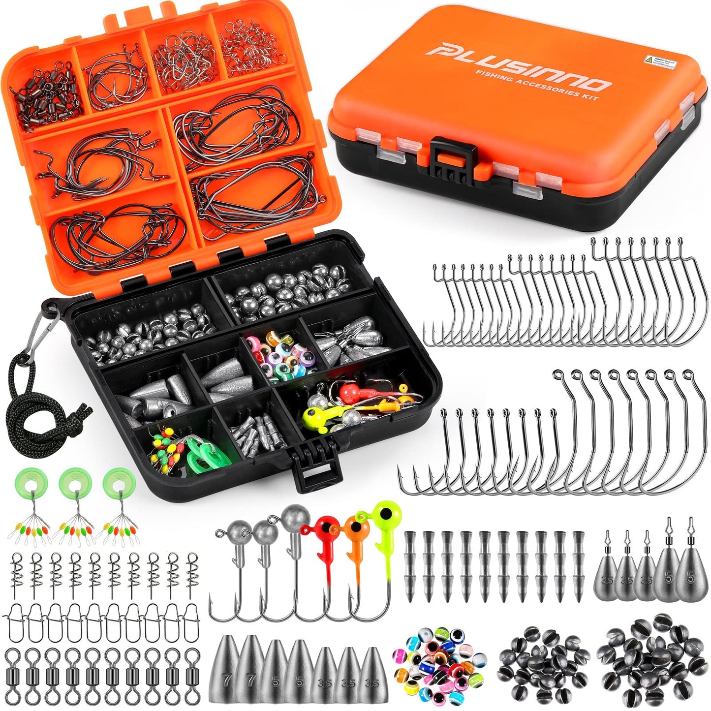 PLUSINNO 253/387pcs Fishing Gear Accessories Kit, Fishing Tackle Box with Tackle Included, Fishing Hooks, Fishing Weights Sinkers, Spinner Blade, Fishing Equipment for Bass Trout Bluegill Crappie