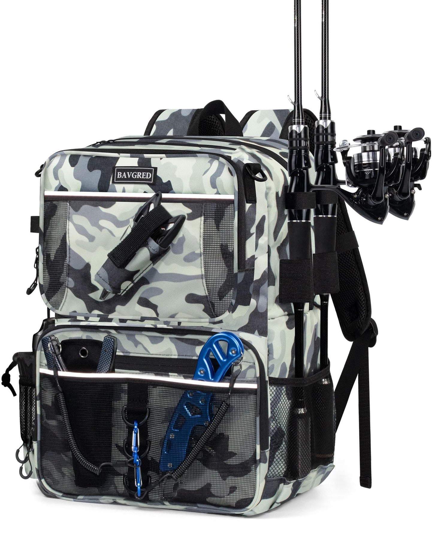 BAVGRED Fishing Backpack with Removable Bait Binder, Large Water Resistant Tackle Bag Storage Gear and Equipment for Fishing, Camping, Hiking, Grey