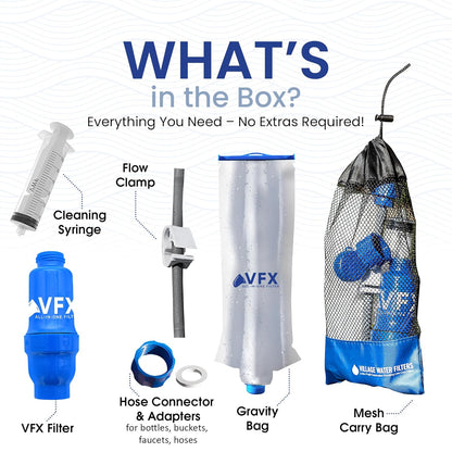 VFX All-in-One Portable Water Filter – Survival Water Purifier for Camping, Hiking, Backpacking, and Emergency Preparedness with Gravity System