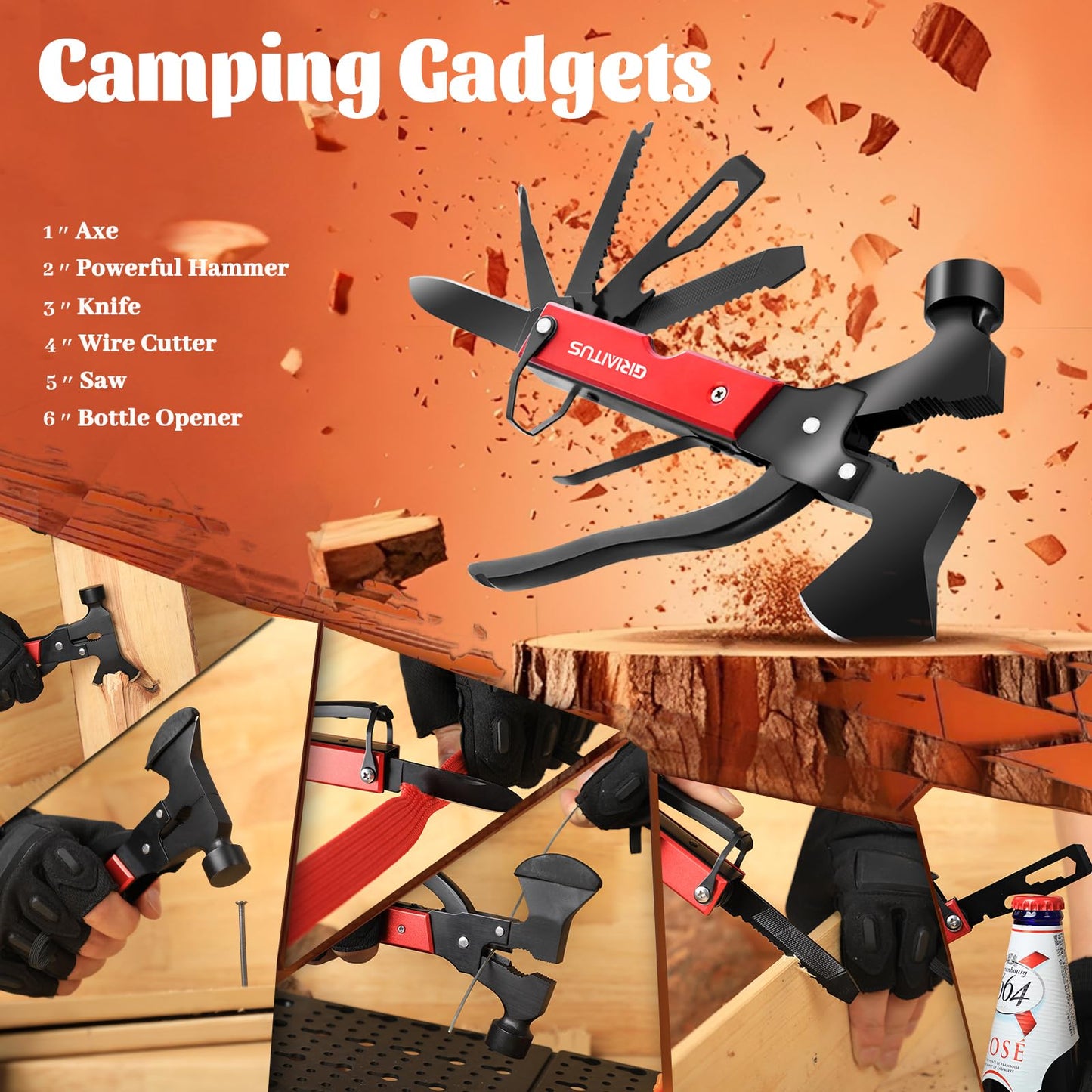 Camping Multitool Accessories Stocking Stuffers for Men 16 in 1 Multi Tool Survival Gear with Axe Hammer Pliers Saw Screwdrivers Bottle Opener Whistle with Sheath for Hiking, Gifts for Men Dad Him