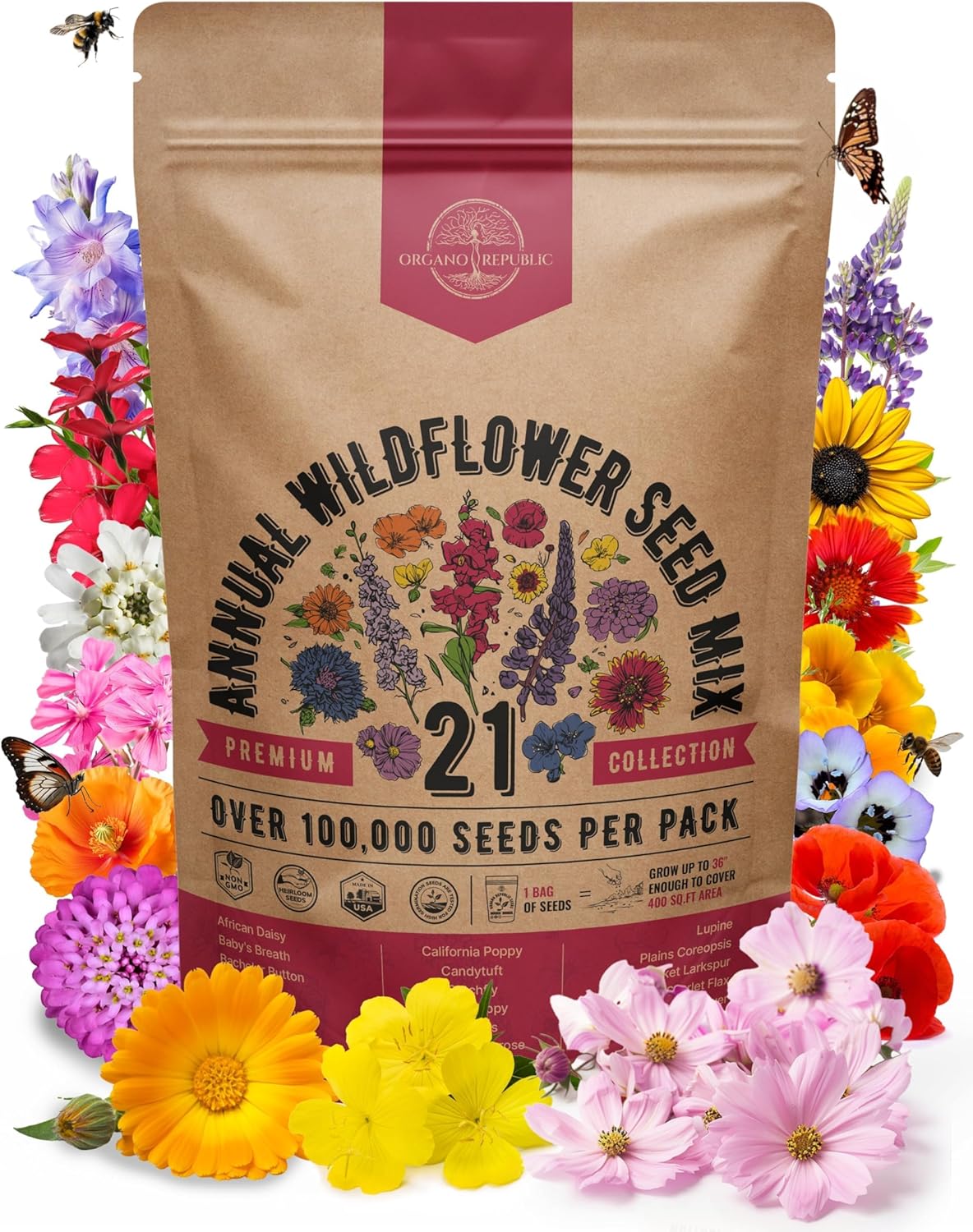 Organo Republic 16 Perennial Wildflower Seeds Mix for Indoor & Outdoors. 100,000+ Non-GMO, Heirloom Wildflower Garden Seeds, 4oz Packet for Growing Wild Flowers to Attract Bees, Butterflies & Birds