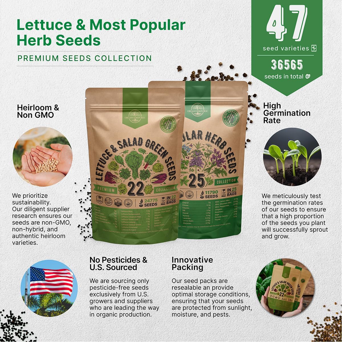 Organo Republic 22 Lettuce & Salad Greens Seeds & 25 Most Popular Herb Seeds Variety Pack Bundle, 36,400+ Non-GMO, Organic, Heirloom Garden Seeds for Planting Vegetables & Herbs for Indoor & Outdoor Gardening