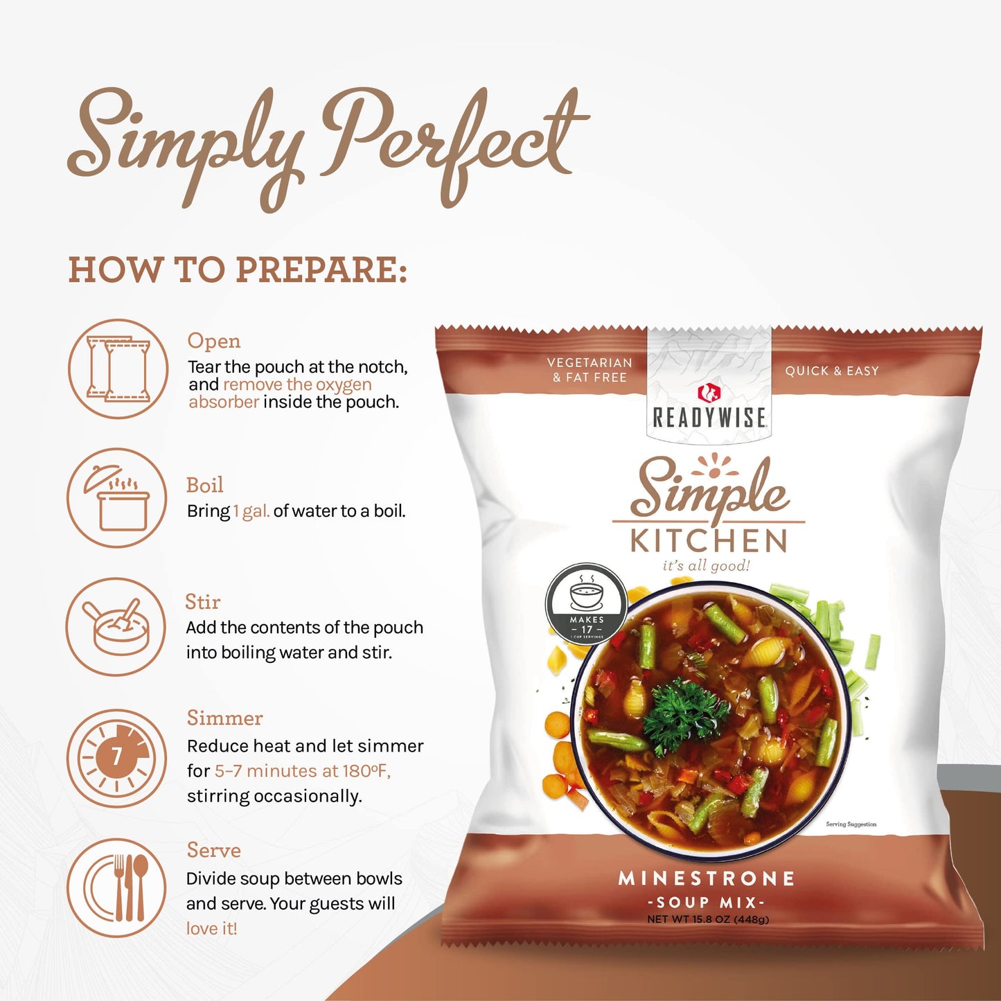 READYWISE - Simple Kitchen, Tomato Basil Soup, 17 Servings, MRE, Gluten Free, & Vegetarian, Food, Soup Mix, for Events, Hiking, Emergency Food Supply, Camping Essentials, or Daily Use, 1 Pack