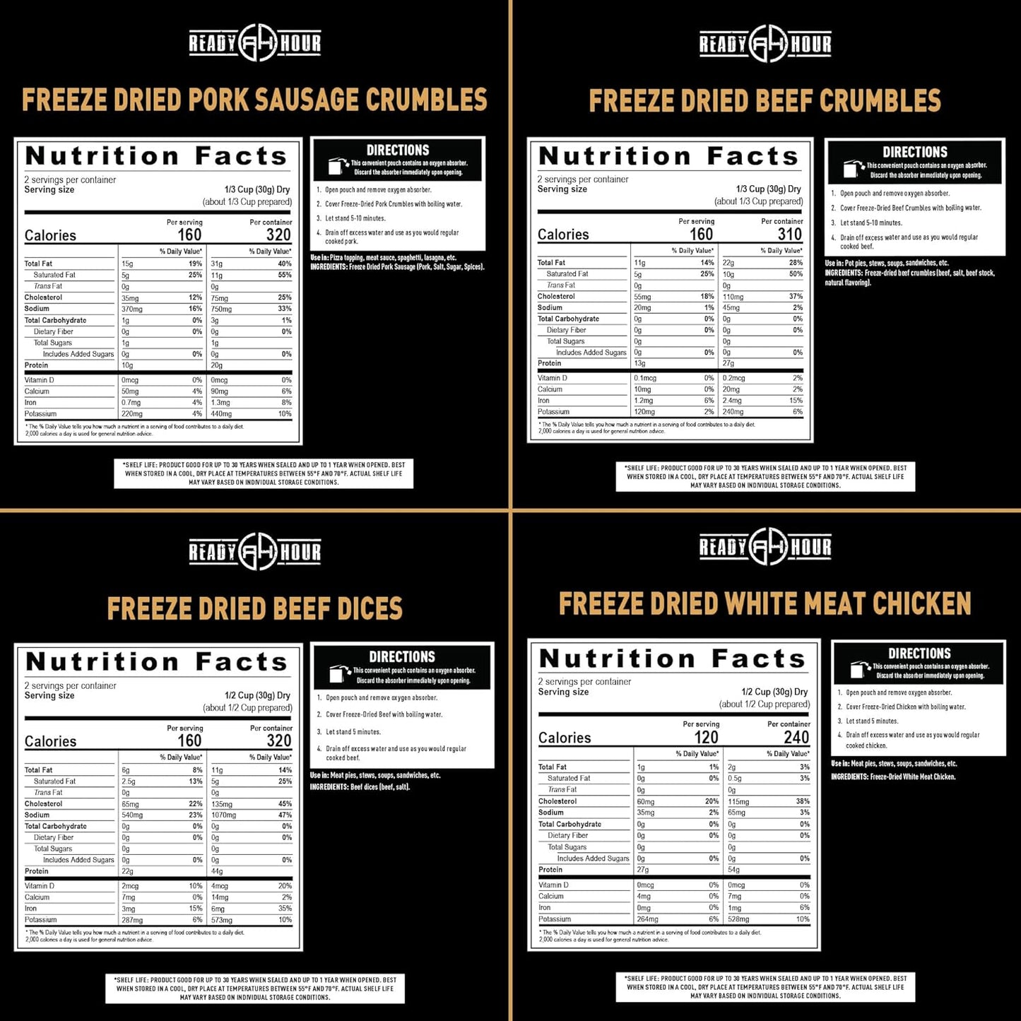 Ready Hour Freeze-Dried Meat Kit (20 Servings), Emergency Supply, Prepper Supply, Protein Source, Emergency Food, Prepper Survival Kit, Bulk Meat, Shelf-Stable, Long-Term Storage