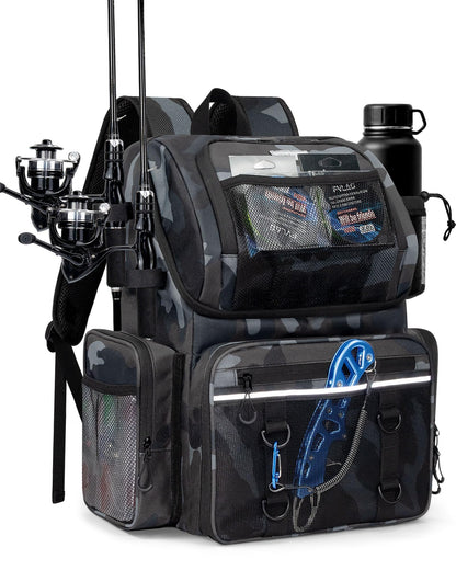 BAVGRED Fishing Backpack, Large Water Resistant Tackle Bag Storage Fishing Gear and Equipment, Built-in Cooler Compartment Grey