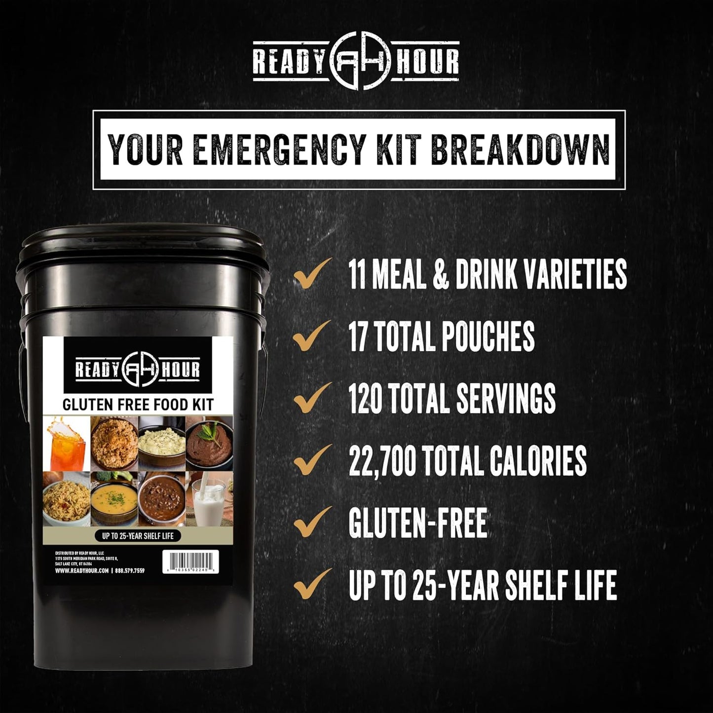 Ready Hour Gluten-Free Food Kit (120 Servings), Gluten-Free Survival Kit, Freeze-Dried Survival Food Storage, Emergency Preparedness, Prepper Supplies, 25-Year Shelf Life