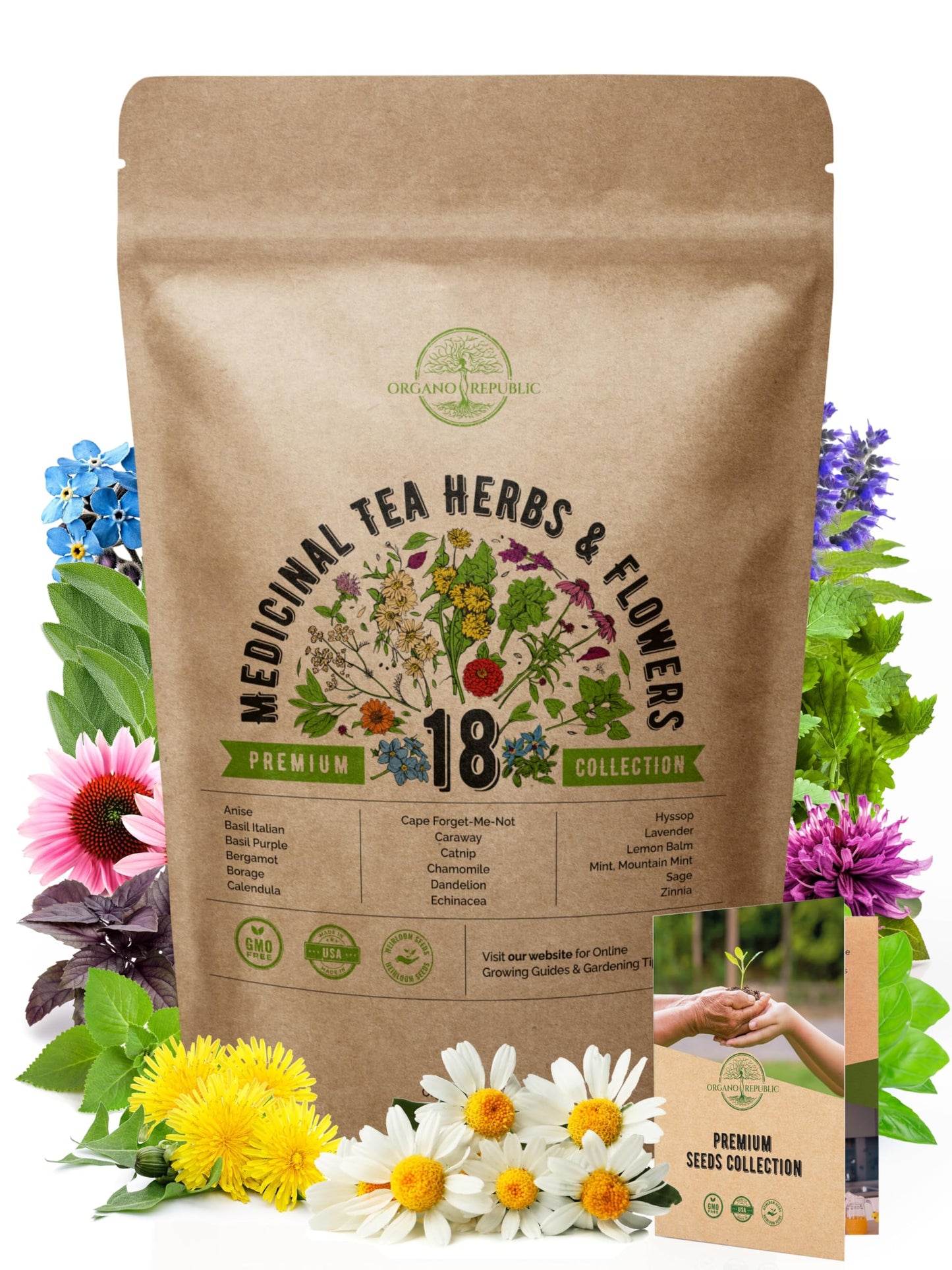 Organo Republic 18 Medicinal Tea Herb & Flower Seeds Variety Pack- Indoor/Outdoor. 3400+ Non-GMO Heirloom Flower Seeds: Anise, Bergamot, Calendula, Chamomile, Echinacea, Lavender Seeds & More