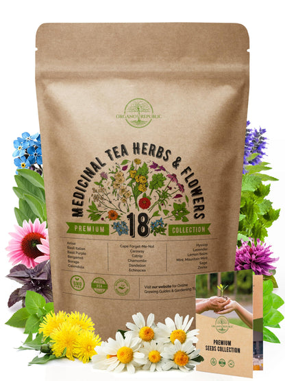 Organo Republic 18 Medicinal Tea Herb & Flower Seeds Variety Pack- Indoor/Outdoor. 3400+ Non-GMO Heirloom Flower Seeds: Anise, Bergamot, Calendula, Chamomile, Echinacea, Lavender Seeds & More