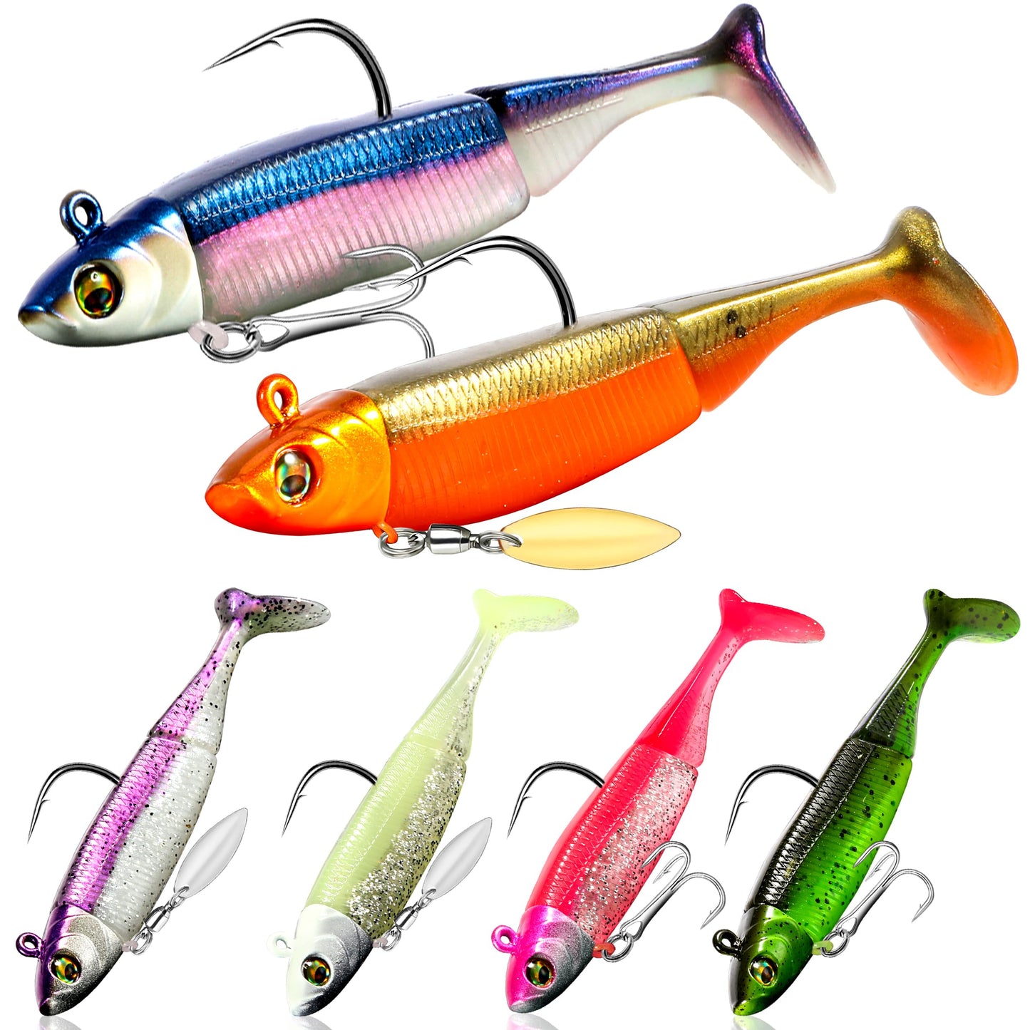PLUSINNO Fishing Lures, Pre-Rigged Jig Head Bass Lures with Paddle Tail, Fishing Bait for Freshwater Saltwater, Soft Plastic Fishing Lures Baits for Trout Crappie Fishing Gear, Fishing Gifts for Men