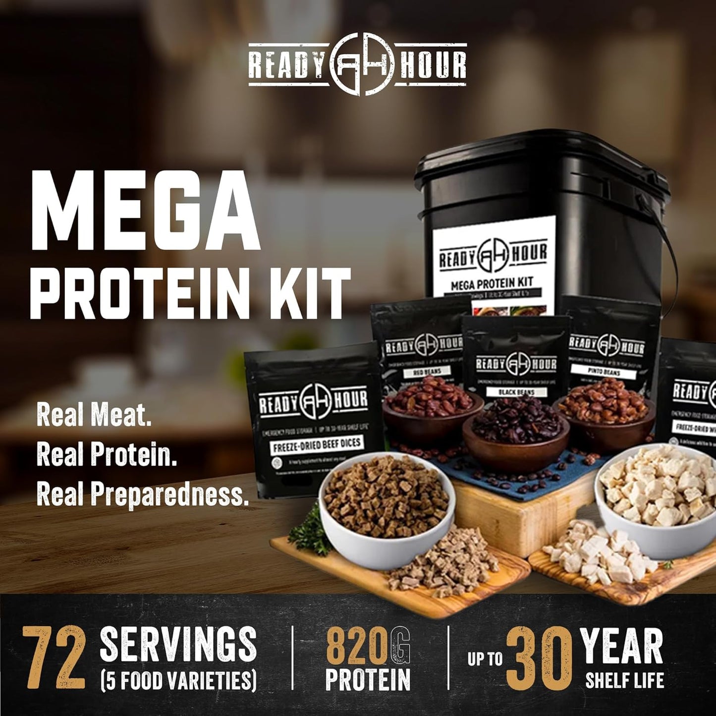 Ready Hour Mega Protein Kit with Real Freeze-Dried Meat (72 Servings), Freeze-Dried Chicken and Beef, Survival Food Storage, Emergency Preparedness, Emergency Prepper Kit, 30-Year Shelf Life Food