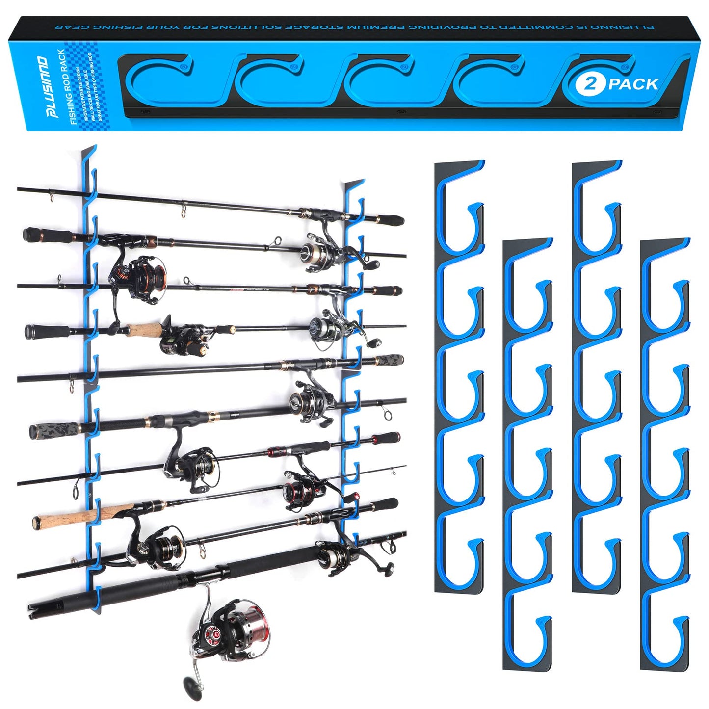 PLUSINNO H5 Horizontal Fishing Rod/Pole Holders for Garage, Wall or Ceiling Mounted Fishing Rod Rack, Aviation Aluminum Fishing Holder Holds up to 5/10/20 Rod or Combos Fishing Gear and Gifts for Men