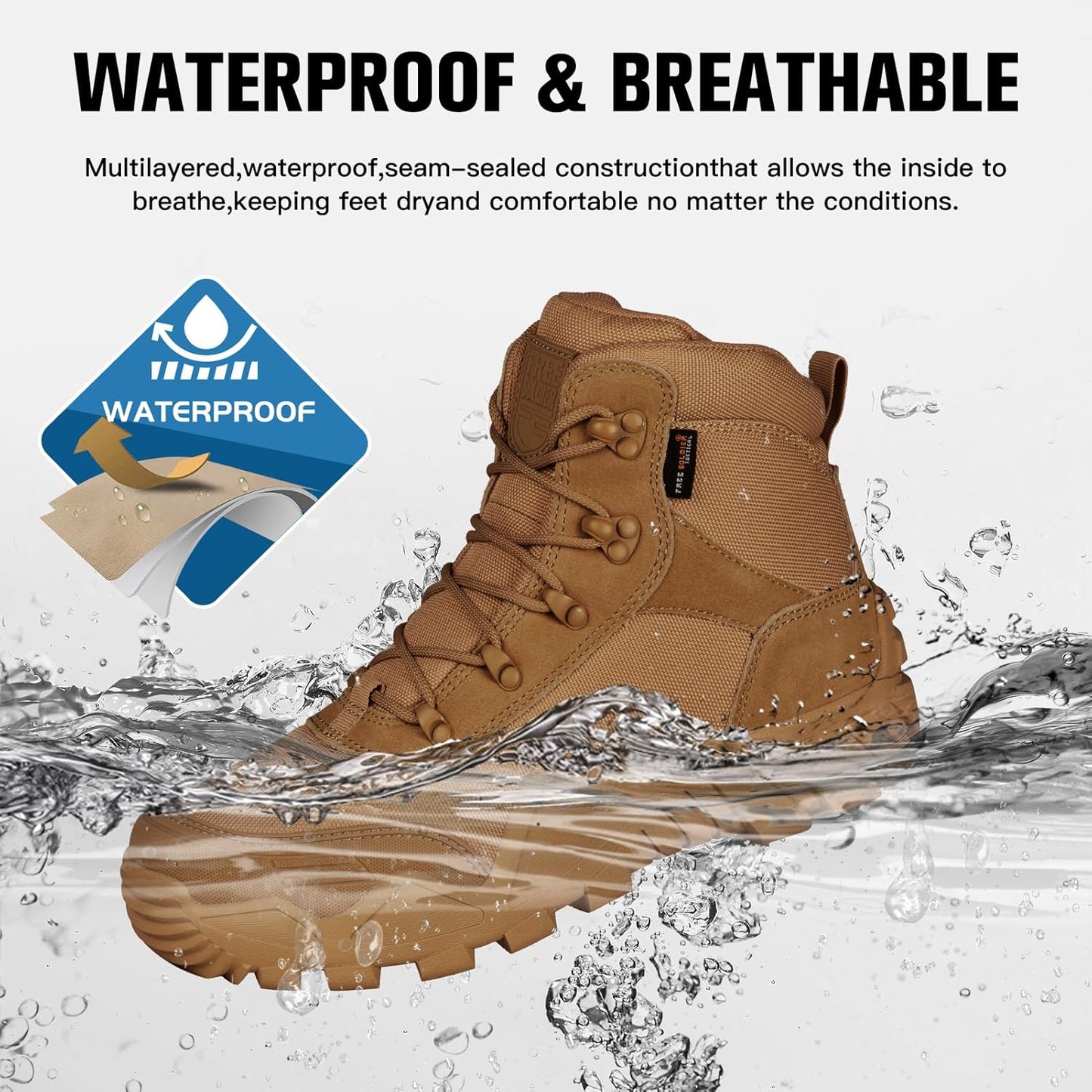 FREE SOLDIER Men's Waterproof Hiking Boots Tactical Work Boots Outdoor Lightweight Military Boots(Brown, US 11.5W)