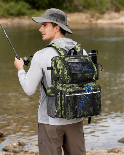 BAVGRED Fishing Backpack, Large Water Resistant Tackle Bag Storage Fishing Gear and Equipment, Built-in Cooler Compartment Grey