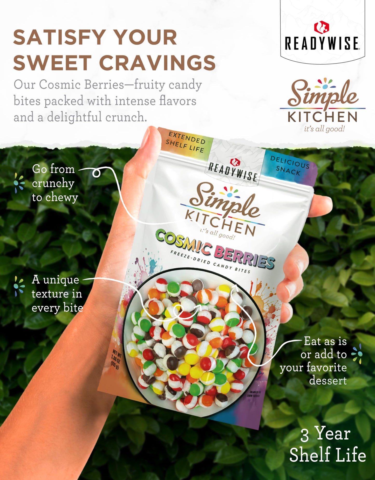 READYWISE - Freeze Dried, Cosmic Berries, Perfect On-the-Go, Candy Bites for Adults & Kids, Crunchy Fruity, Treats, Extended Shelf life Crunchy Fruit Candies, for Hiking, Camping & Travel (6 Pack)