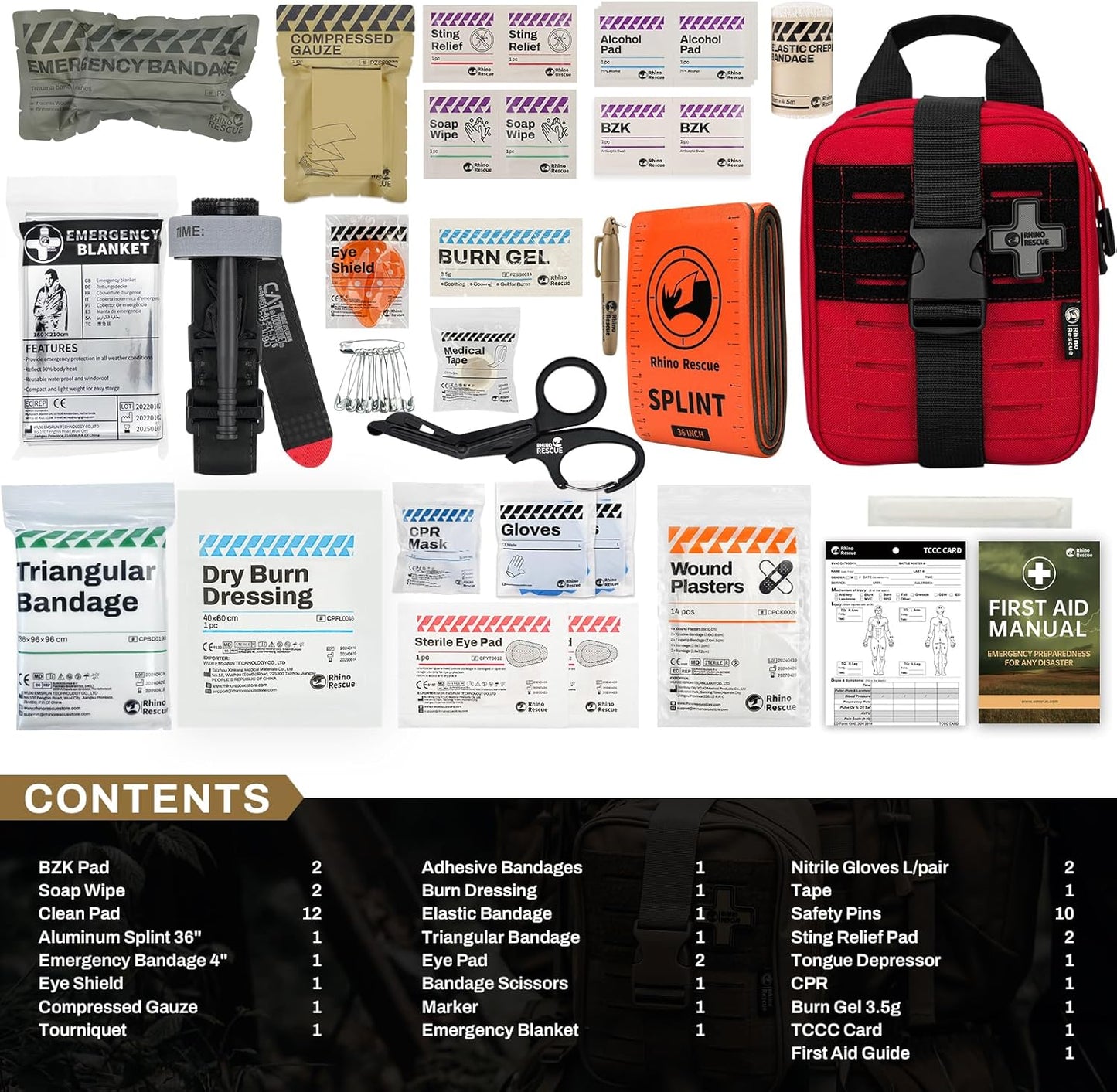 RHINO RESCUE Bundle-IFAK Trauma Kit with C-A-T Tourniquet for Wound Care+First Aid Splint 36" X 4.3" Orange-Gray, Keep Bones in Position