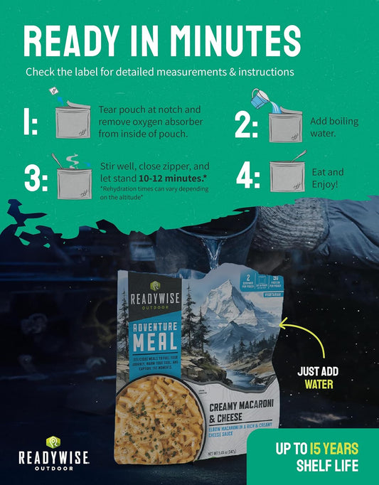 ReadyWise 2 Day Outdoor Camping Meal - 12 Servings Dry Bag, Backpacking & Camping Essentials, Dehydrated & Freeze Dried Survival Food Kit, Hurricane Supplies Bug Out Bag, Up to 15 Year Shelf Life