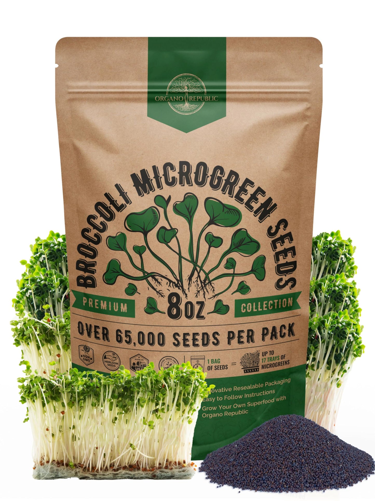 Organo Republic Broccoli Sprouting & Microgreens Seeds - Non-GMO, Heirloom Sprout Seeds Kit, 1lb Resealable Bag for & Growing Microgreens in Soil, Coconut Coir, Aerogarden & Hydroponic