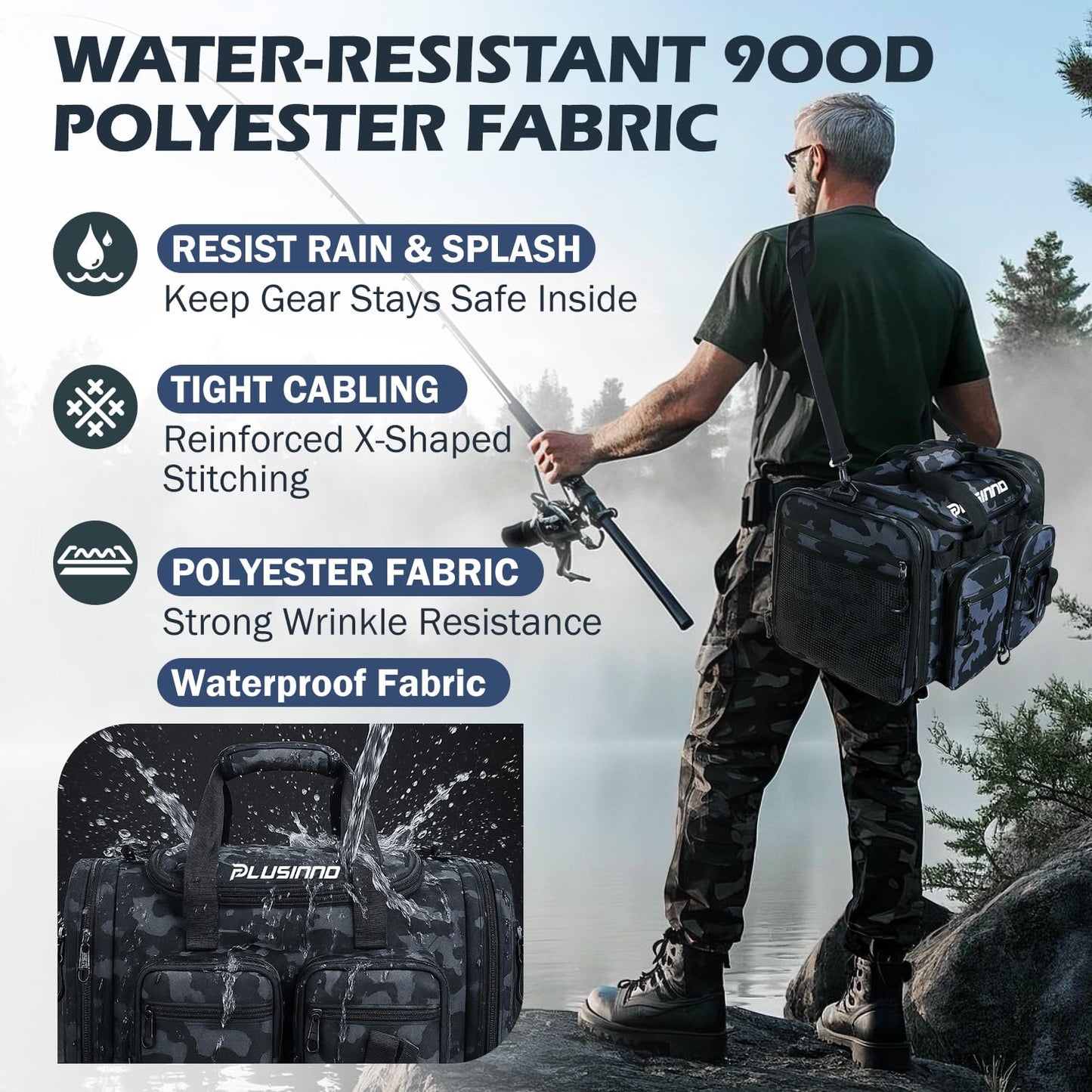 PLUSINNO Tackle Bag - Expandable Fishing Bag for Saltwater & Freshwater - Water Resistant Fishing Gear Shoulder Bag For Men, All-purpose Carrying Bags for Outdoors