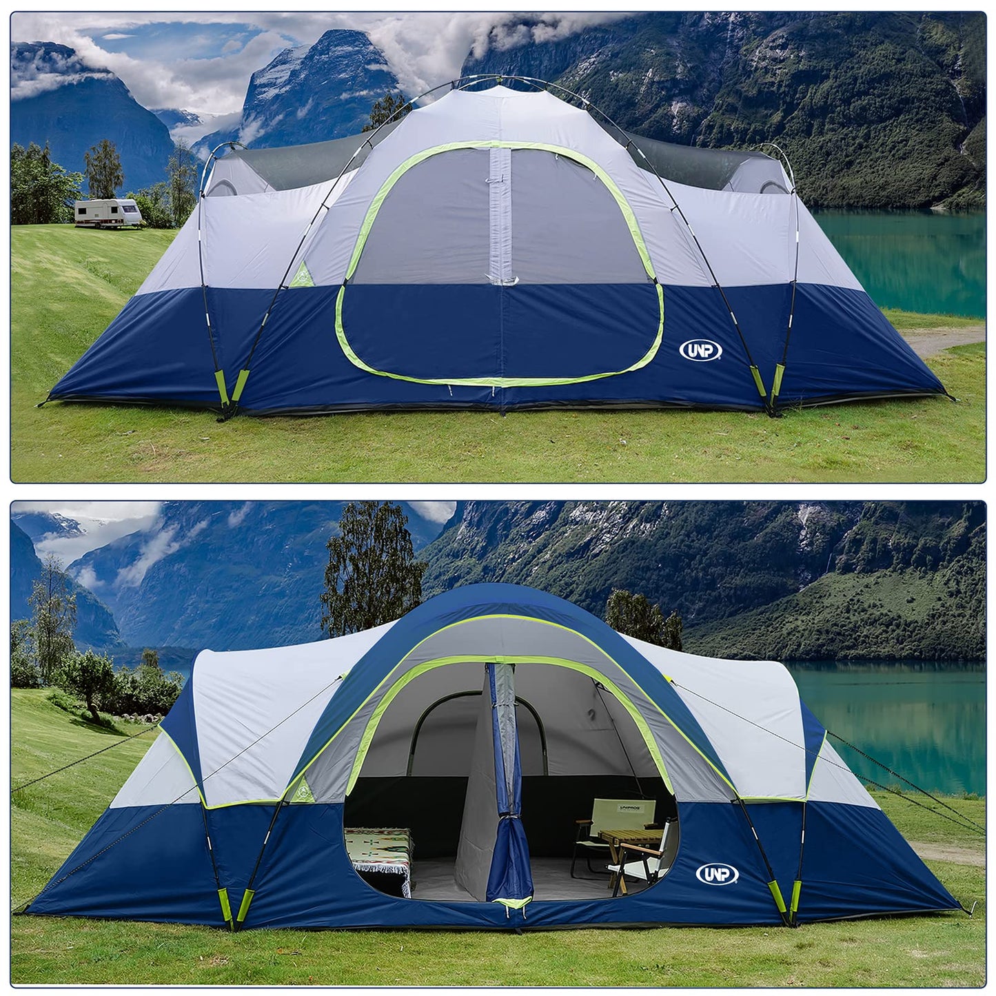 UNP Camping Tent 10-Person-Family Tents, Parties, Music Festival Tent, Big, Easy Up, 5 Large Mesh Windows, Double Layer, 2 Room, Waterproof, Weather Resistant, 18ft x 9ft x78in