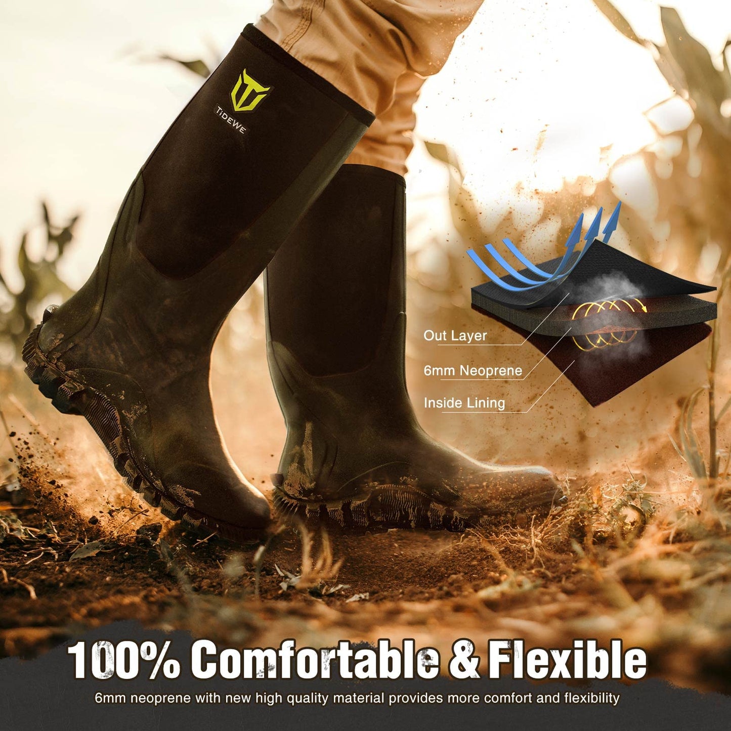 TIDEWE Rubber Boots for Men Multi-Season, Waterproof Rain Boots with Steel Shank, 6mm Neoprene Sturdy Rubber Outdoor Hunting Boots (Black, Brown, Next Camo G2)