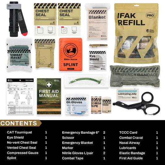 RHINO RESCUE IFAK Refill Kit 17Pcs with CAT Gen-7 Tourniquet, Emergency Tactical First Aid Kit Medical Supplies, IFAK Trauma Kit Combat Pack for Trauma Wound Care, Gunshot, Car & Camping(Brown)