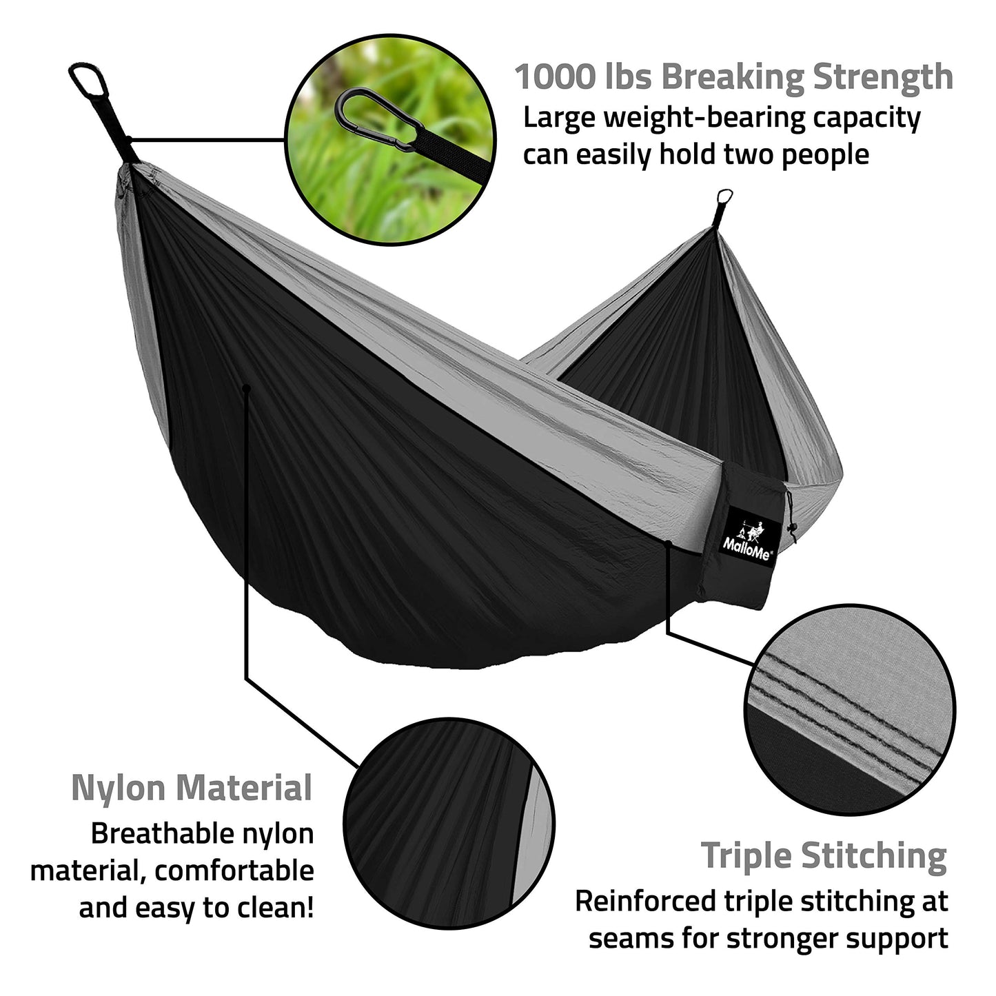 MalloMe Camping Hammock for Adults & Kids - Portable Hammocks for Outside - Hamacas para Adultos Outdoor Single & Double Two 2 Person Hammock - Hamaca/Hamacs/Amacas Heavy Duty Tree Travel Hamock