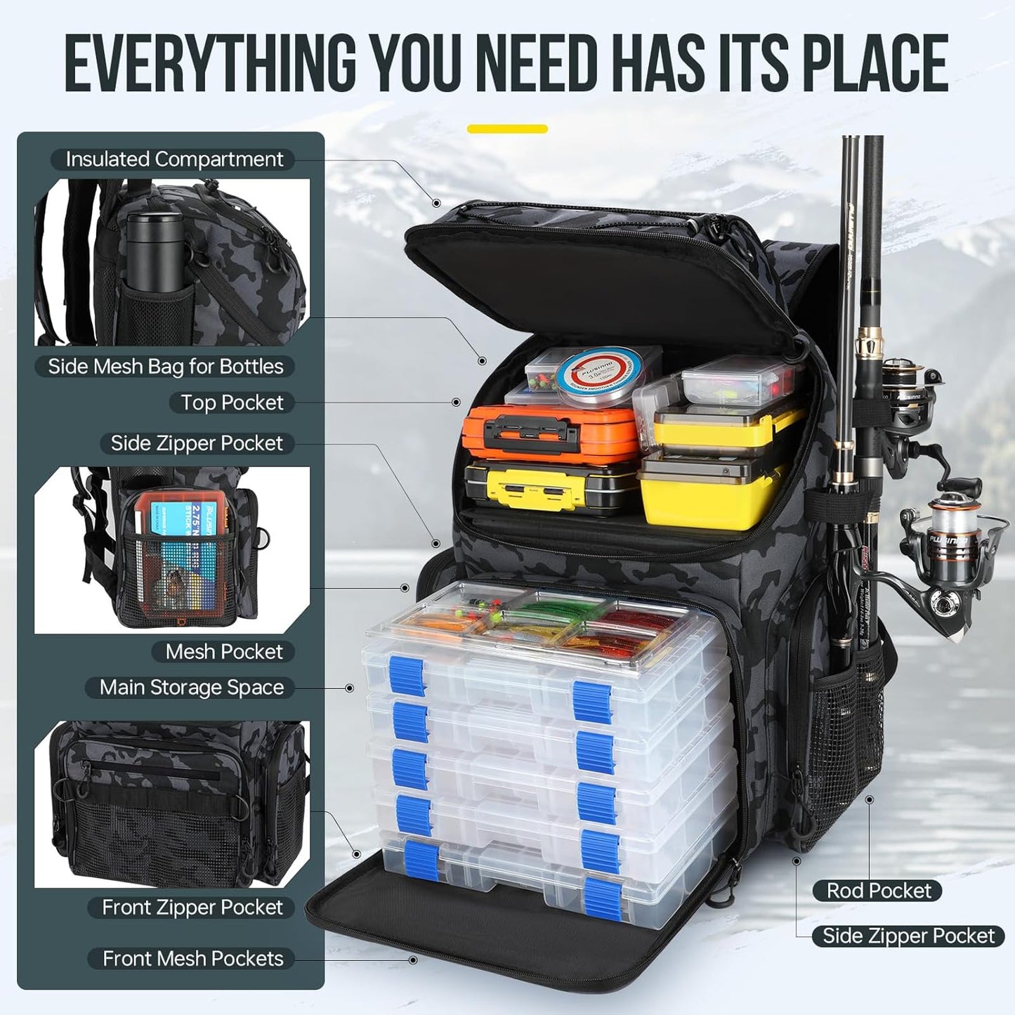 PLUSINNO H5 Horizontal Fishing Rod/Pole Holders for Garage,And Fishing Backpack with Rod Holders & Cooler