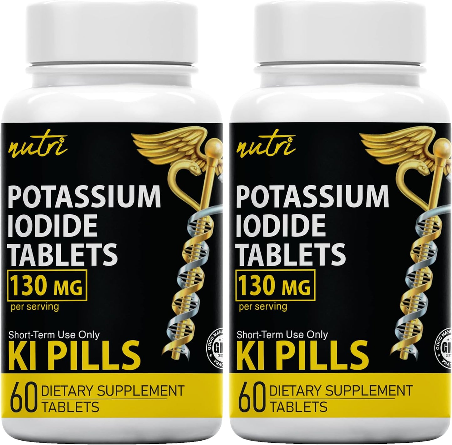 Potassium Iodide Tablets 130 mg - (60 Tablets) 10 Year Shelf-Life EXP 2034 to 2035 - Ki Pills - Yoduro de potasio - Nutri Supplements - 3rd Party Tested - NSF cGMP Certified Facility - Shelf Stable