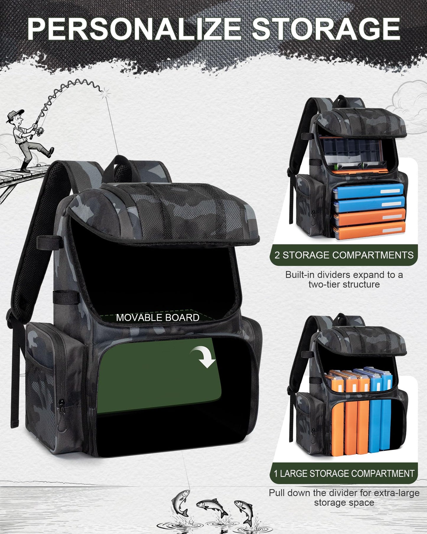 BAVGRED Fishing Backpack, Large Water Resistant Tackle Bag Storage Fishing Gear and Equipment, Built-in Cooler Compartment Grey